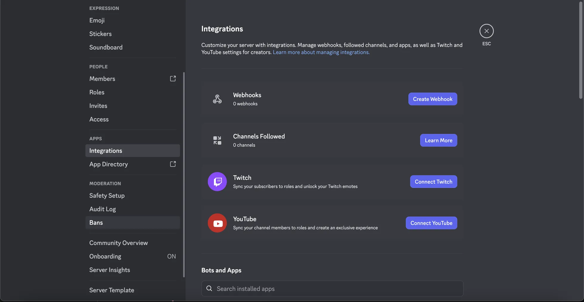 The Discord server settings Integrations page, showing the Webhooks row with a Create Webhook button, alongside Channels Followed, Twitch and YouTube.